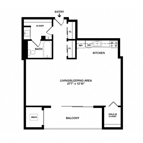 Floor plan for studio, 1 bath, 598 sqft